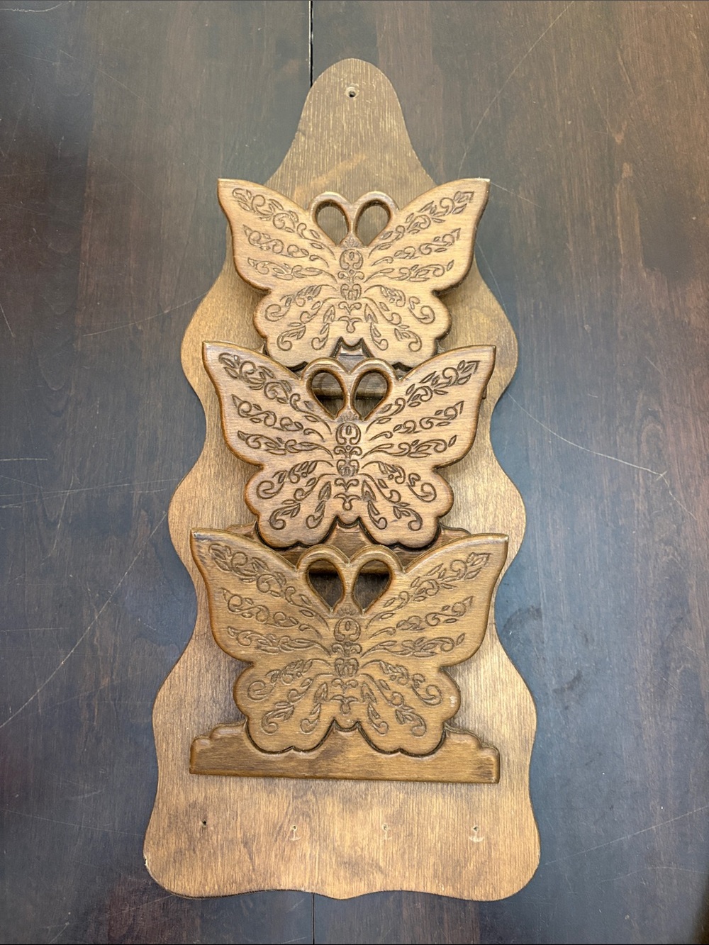 Vintage Wooden 3 Butterfly Wall Hanging Carved Mail Bill Key Letter Holder